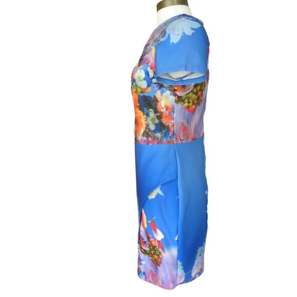 Neiman Marcus Short Sleeve Floral Scuba Dress Blue Multi Sheath medium - Picture 4 of 7